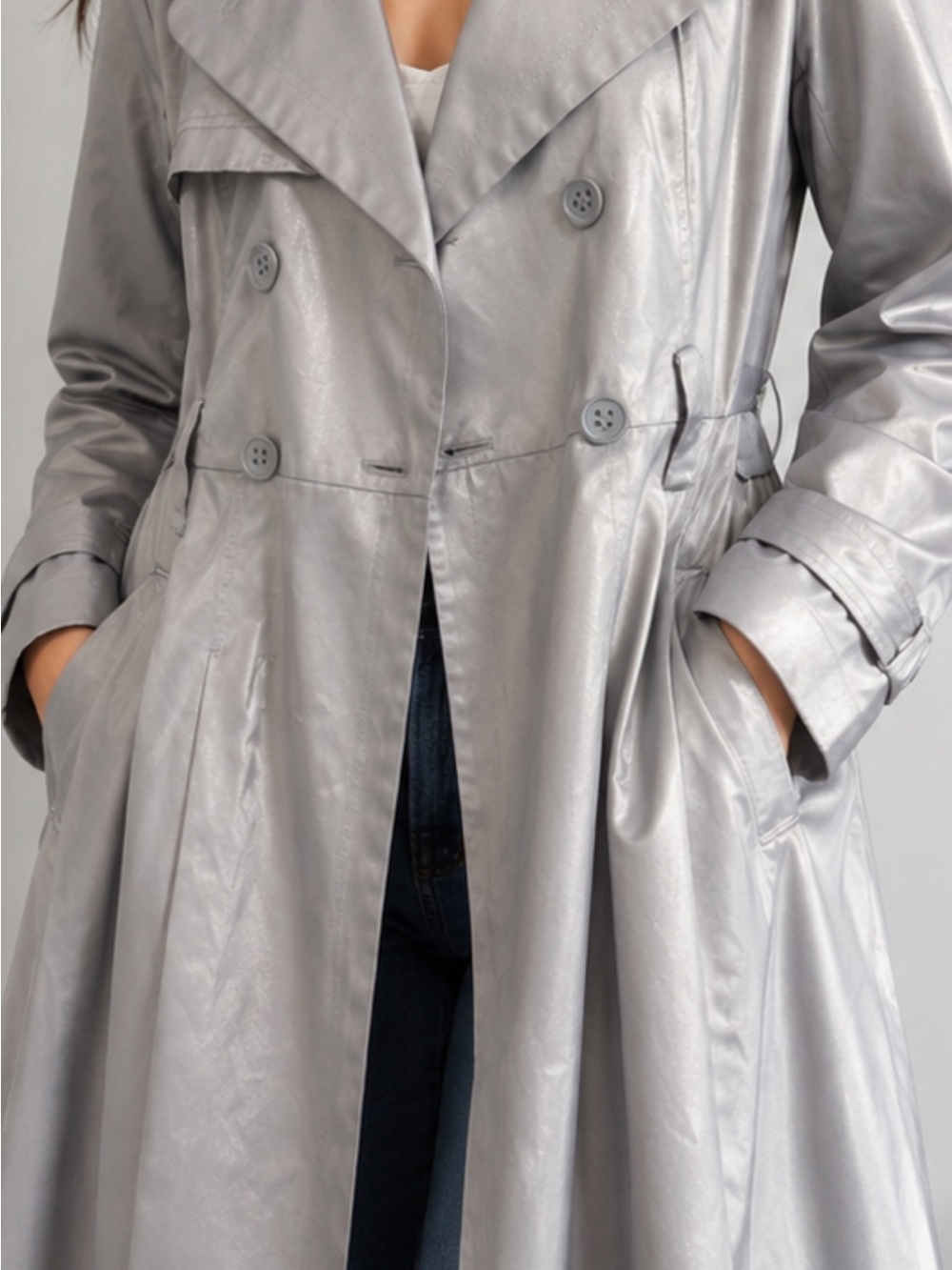 BEBE Metallic Silver Double-Breasted Trench Coat